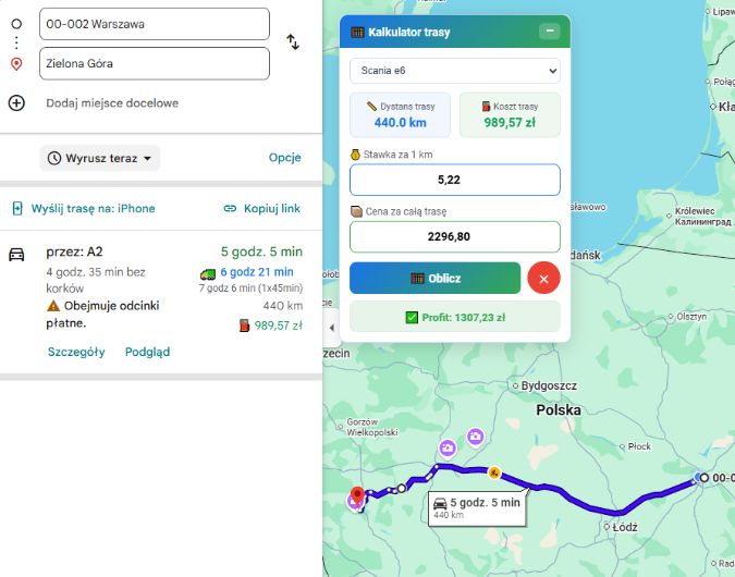 Kalkulator trasy MapaTrans na Google Maps