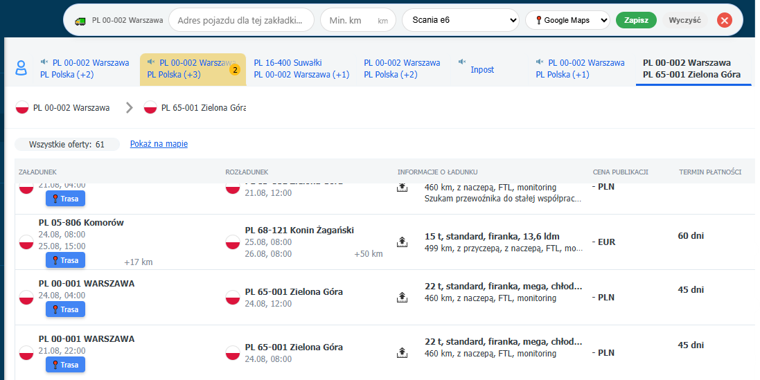 Lista ofert z Trans.eu z paskiem MapaTrans