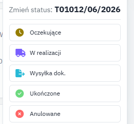 Rozwinięte menu zmiany statusu zlecenia