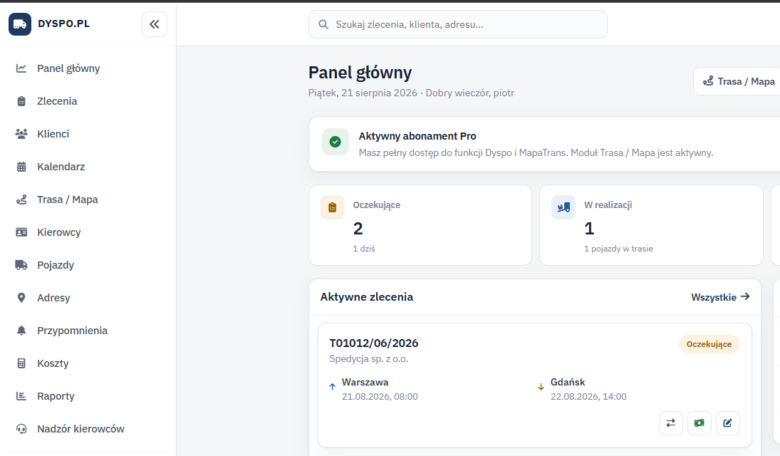 Panel główny dyspo.pl ze wszystkimi zleceniami i statusami
