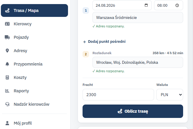 Formularz trasy: punkty załadunku i rozładunku
