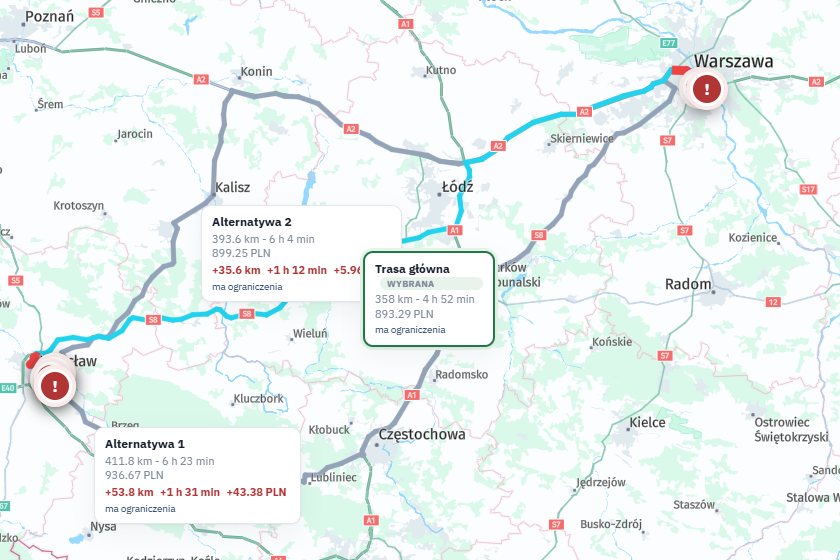 Wyliczona trasa na mapie z wariantami